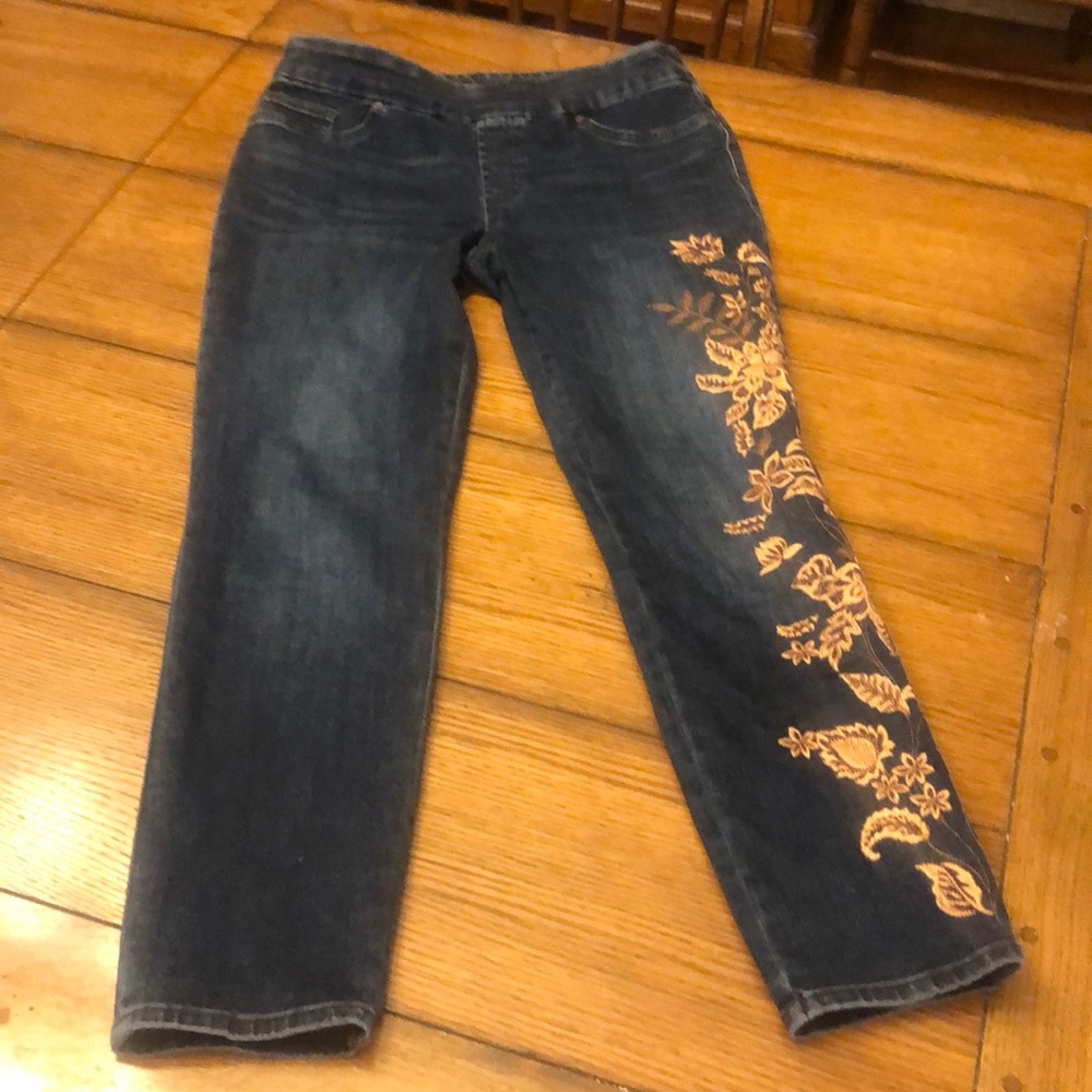 Chico’s Pull On Jegging Ankle Size 4R Blue Jean Embroidered Floral Travel Beach